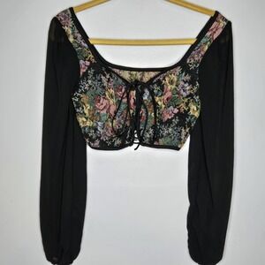 Floral Tapestry Lace Up Corset Crop Top Sheer Long Sleeve S Goth Fairy Grunge